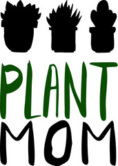 vector illustration of a happy birthday card. Plant mom. Hand drawn lettering on black background. the dark shape of of a flower pot with white lettering. Funny lettering.