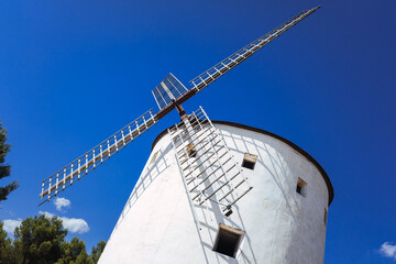 Close-up of an old Manchego windmill, in Spain, used as a tourist attraction.