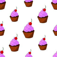 A seamless pattern with pink cupcake with a cherry on top.
