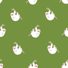 Green and white Tropical Cute repeating vector retro sloth pattern.