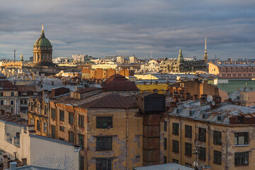 Sunset rooftop cityscape of Saint Petersburg with view on Saint Isaac's and Kazan cathedrals