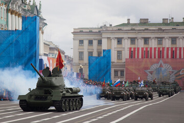 Soviet tank T-34 at the Victory Day parade on Palace Square in St. Petersburg