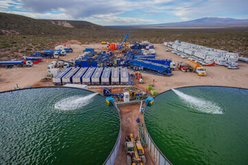 Vaca Muerta, Argentina, November 23, 2015: Extraction of unconventional oil. Water tanks for...