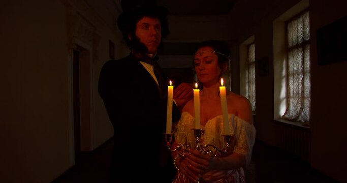 Alexander Pushkin is standing in a hallway with a young woman with candles, 4k