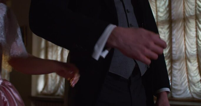Close up of a woman taking a mans hand, vintage 18th century clothes, 4k