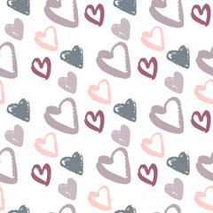 Isolated seamless heart pattern with white background. Valentine doodle silhouettes in soft purple and pink tones.