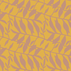 Fototapeta na wymiar Seamless doodle pattern with floral leaves ornament. Autumn stylistic with orange background and pastel foliage.