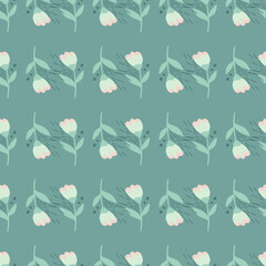 Seamless floral pattern with folk flowers. Soft blue background with white buds. Simple backdrop.
