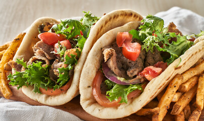 two greek gyros with fries, tomato and lettuce