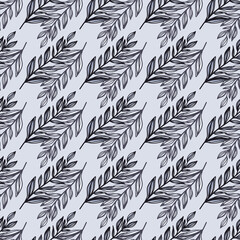Simple winter seamless pattern with botanic branches shapes. Light background with navy contoured ornament.