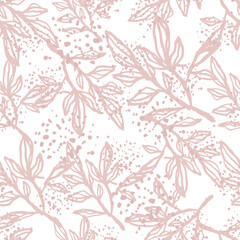 Isolated random contoured branches ornament seamless pattern. Lilac outline elements on white background with splashes.