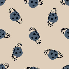 Minimalistic planet silhouettes ornament seamless pattern. Navy blue space elements on beige background.