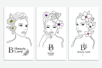 Hand drawn women beauty logo collection with flower, leaf, branch. Linear glamour logo in minimal style for beauty salon, makeup.