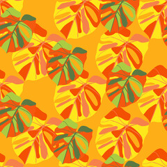 Fototapeta na wymiar Bright summer exotic seamless pattern with monstera leafs. Orange and green tropical foliage print.