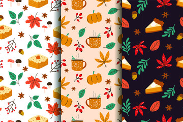 Vector set of autumn seamless patterns. Harvest background. Pumpkin, maple leaf, coffee, cake.