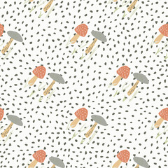 Red and blue pale mushrooms seamless hand drawn pattern. White background with black dots.
