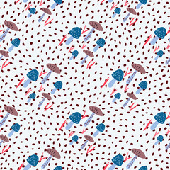 Bright seamless mushrooms pattern. Light background with dots. Navy blue fungus silhouettes.