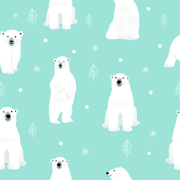 Pattern seamless of adult polar bears and their young cubs in various poses. Northern animals.
