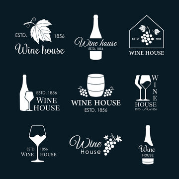 Set of wine labels. Elements for design on the wine theme. Collection of wine symbols: grape, bottle, barrel. Emblems and logos of wine. Vector illustration