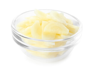 Pieces of raw carrot in glass bowl isolated on white