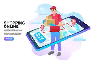 A website banner for online shopping and delivery. A courier holding packages stands on a smartphone that shows a GPS tracking map, representing a successful order and fast e-commerce fulfillment.