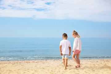 Cute little children on sea beach outside
