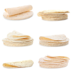 Set of corn tortillas on white background