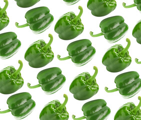 Set of fresh green bell peppers on white background. Pattern design