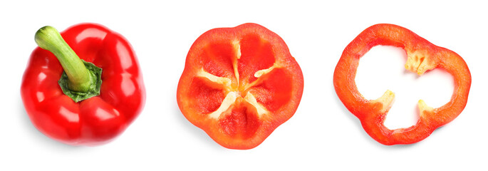 Collage with red bell peppers on white background, top view. Banner design