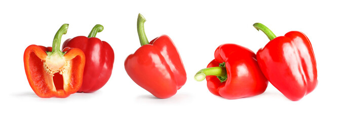 Set of red bell peppers on white background. Banner design