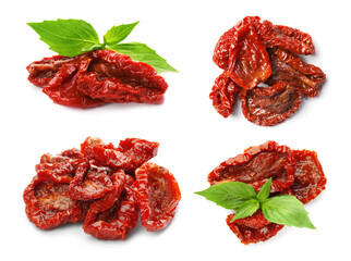 Set of tasty sun dried tomatoes on white background