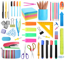 Set of bright school stationery on white background