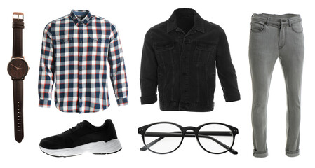 Set of stylish clothes on white background. Autumn look