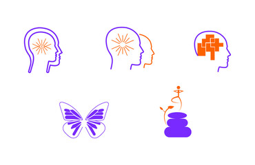set of meditation coaching head icons isolated