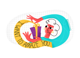 Vector flat illustration with isolated lettering of words, I want to amaze you, and image of happy woman who opens gift. Concept celebration, birthday, practical jokes, jokes, greetings, new year.