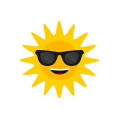 Sun with sunglasses. Cartoon smiling sun icon for weather design. Sunshine symbol happy orange isolated sun vector illustration
