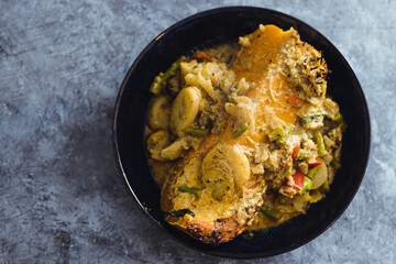 plant-based food, vegan roasted butternut squash slice with green curry vegetable stew