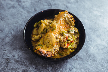 plant-based food, vegan roasted butternut squash slice with green curry vegetable stew