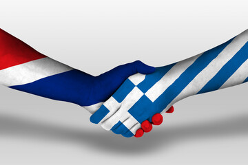 Handshake between greece and thailand flags painted on hands, illustration with clipping path.