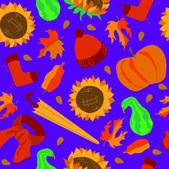 Autumn seamless pattern. Pumpkin, umbrella, hat, scarf. Print for bed linen, textiles, clothing, notebook cover.  Autumn leaves on purple background.