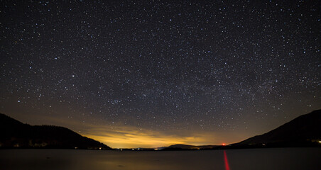 A panoramic view of Bassenthwaite lake in the English Lake District under a stary sky