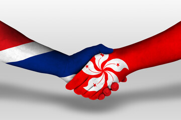 Handshake between hong kong and thailand flags painted on hands, illustration with clipping path.
