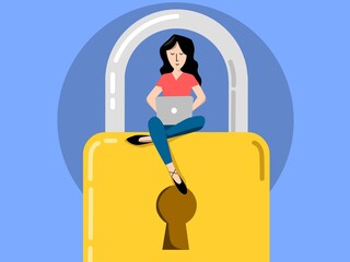 Femme assise sur un énorme cadenas avec son portable 