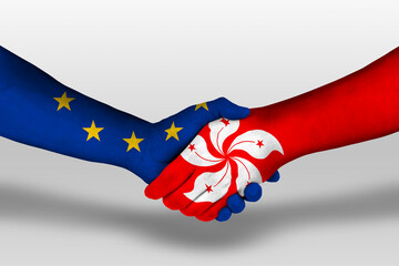 Handshake between hong kong and european union flags painted on hands, illustration with clipping...