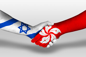 Handshake between hong kong and israel flags painted on hands, illustration with clipping path.