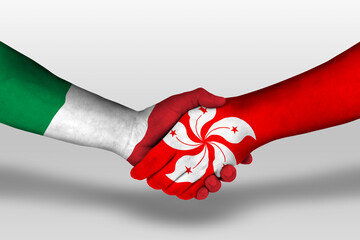 Handshake between hong kong and italy flags painted on hands, illustration with clipping path.
