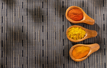 Turmeric, curry and paprika spice set. Text space
