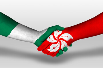 Handshake between hong kong and nigeria flags painted on hands, illustration with clipping path.