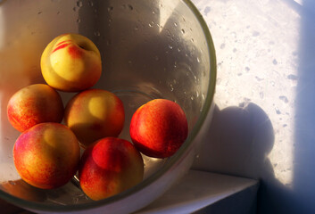 big transparent bowl with ripe nectarines. At sunset light. Healthy raw food.