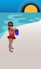 Little girl on the beach. F;at Concept Vector illustration with copy space.